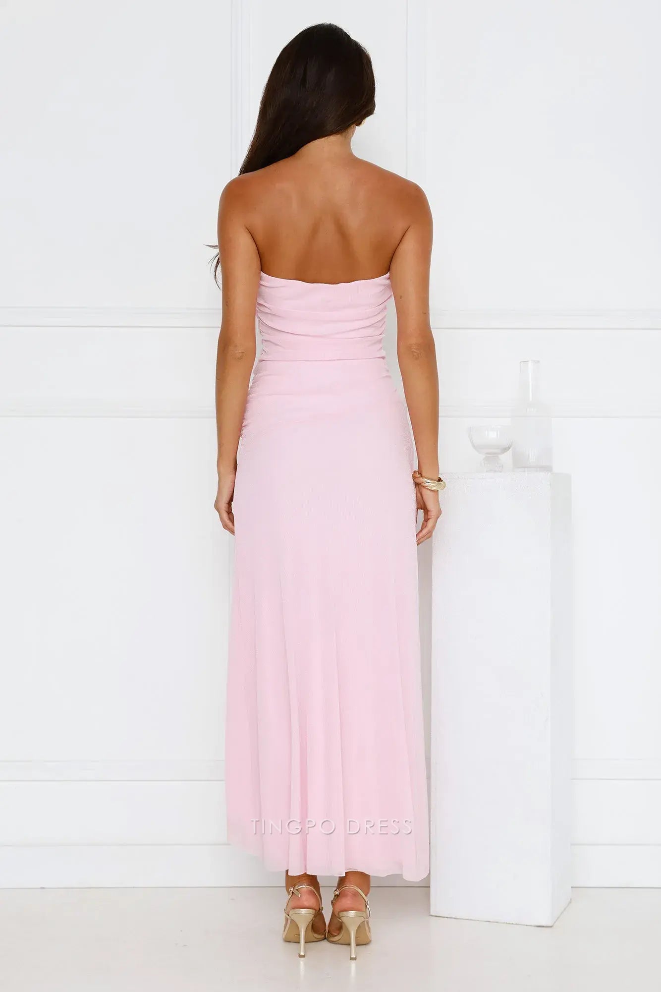 Elegant Strapless Ruched High - Slit Maxi Dress Prom Dress